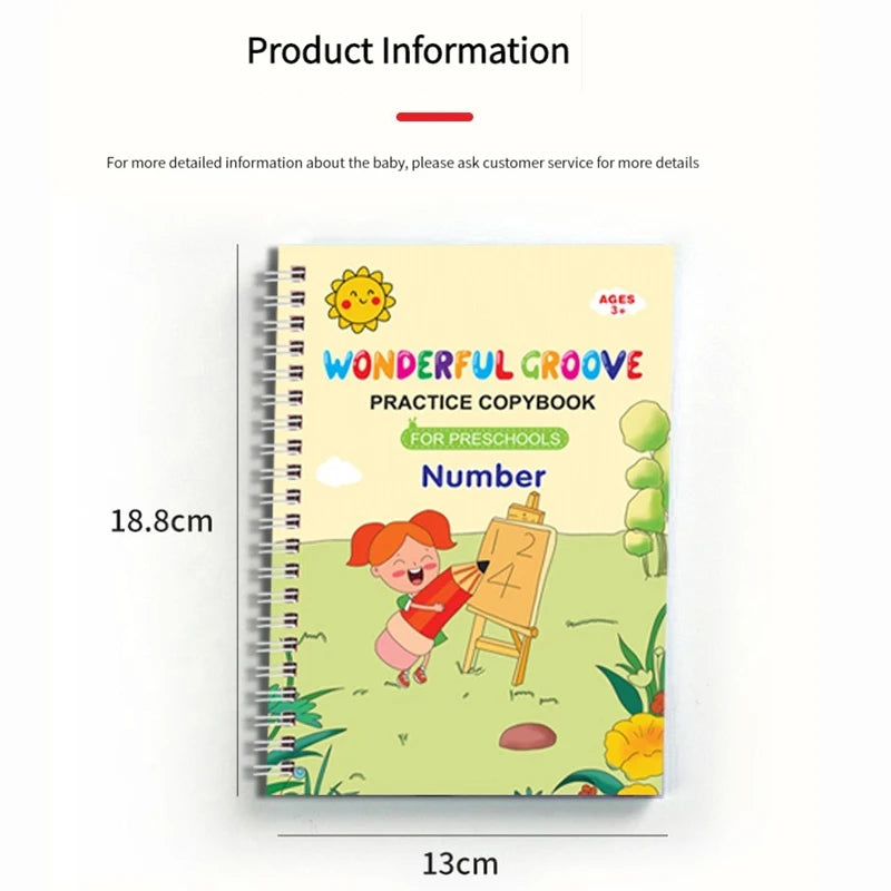 Copybook Reusable Disappearing Ink Writing Book 4-Pack Preschool Calligraphy Practice Set with Pen & Grips Free Wiping Qme