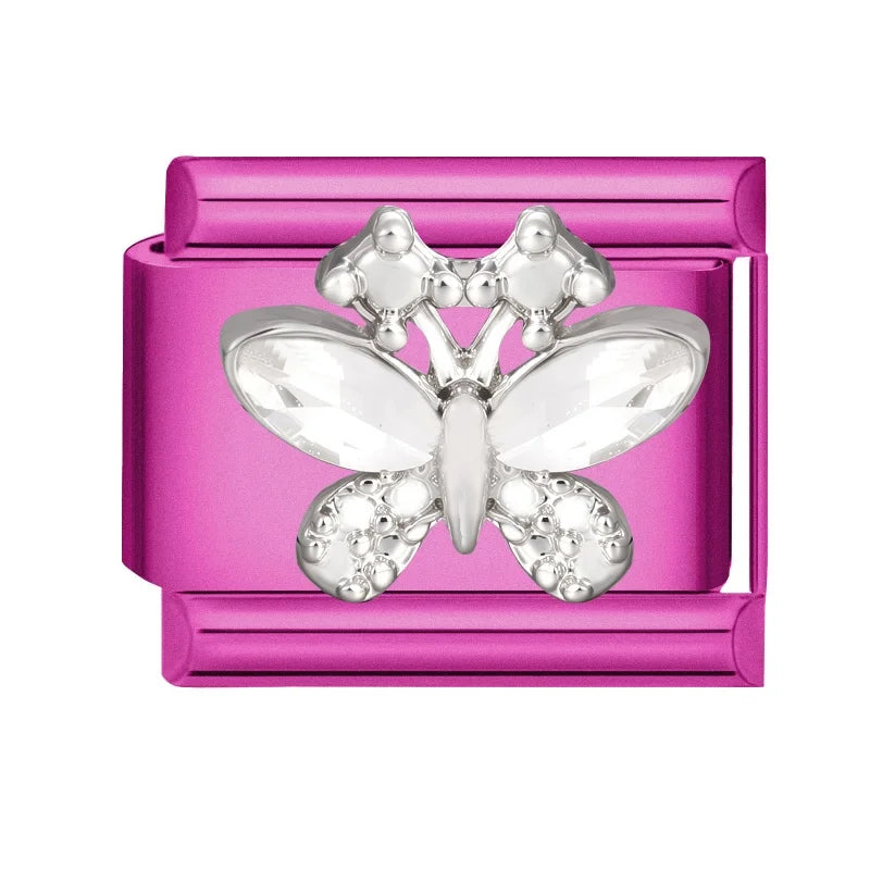 Y2K Rose Color Series Zircon Flower Butterfly Italian Charm Links Fit 9mm Stainless Steel Bracelet Women Jewelry DIY Making Gift Qme Style 29