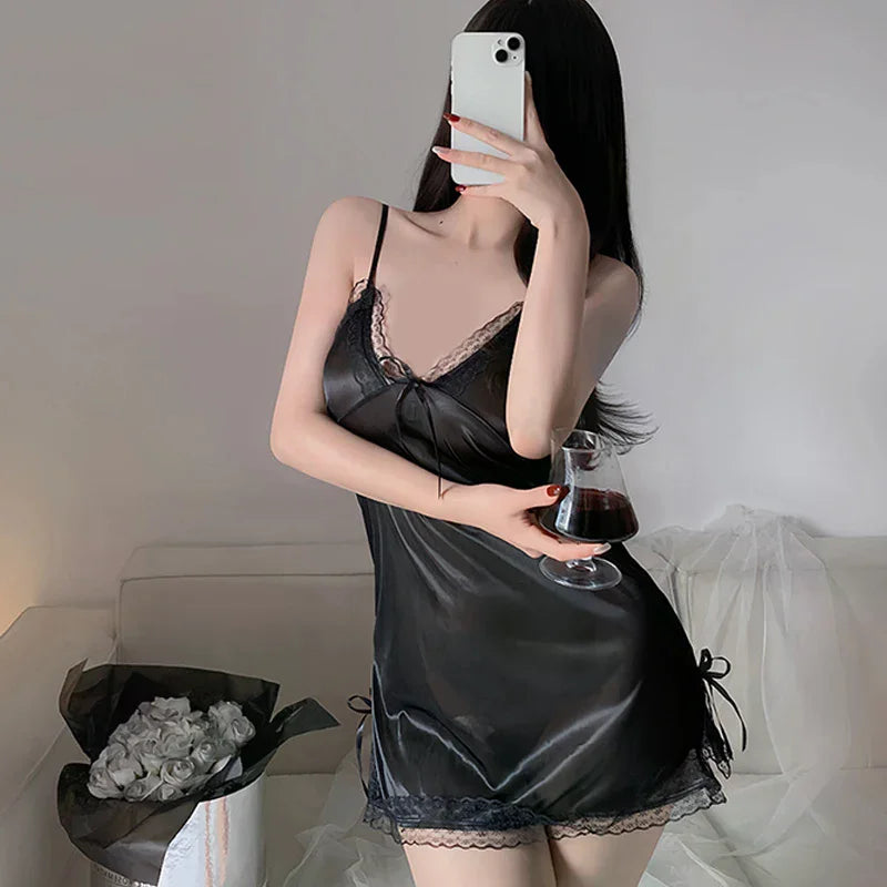 Stylish Lingerie Suspenders Nightdress Women Thin Lace Slit Pajamas Qme