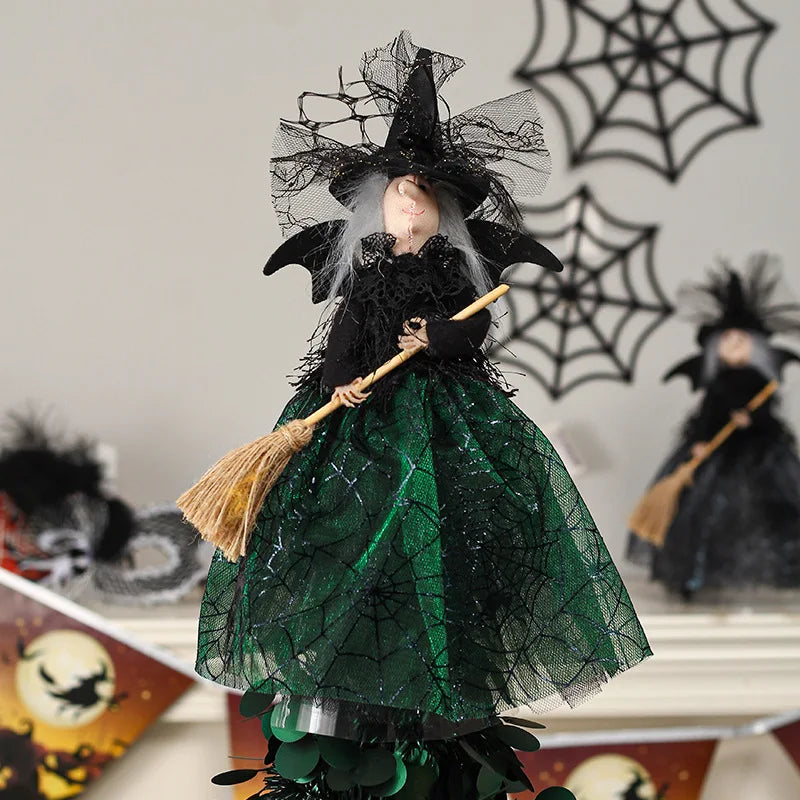 Halloween Broom Witch Doll Haunted House Doll Ornaments Black Spider Web Dress Witch Halloween Ghost Festival Decorate Props Qme