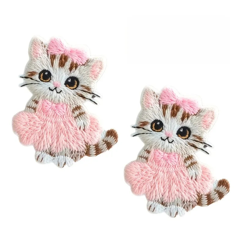 Cute Pink Bow Cat Embroidery Patch Self-adhesive Iron On Patches for Clothing Jeans Backpack DIY Sewing Apparel Sticker Qme 2pcs