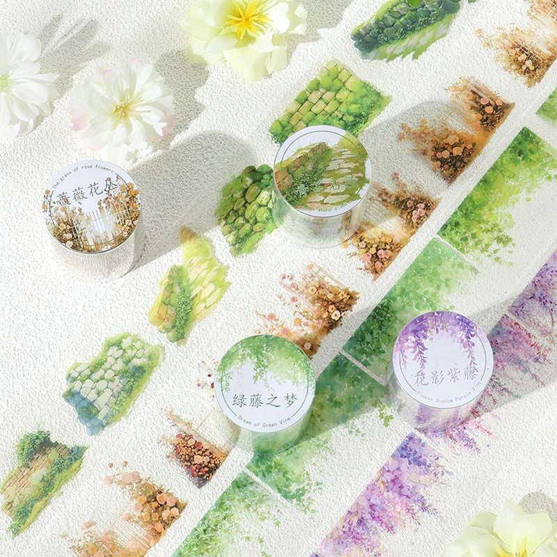2m/Roll Greenfield Flower Wall PET Landscaping Tape DIY Handbook Decorative Scrapbooking Stickers Student Stationery Supplies Qme