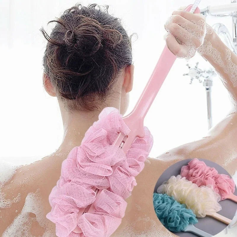Long Handle Bath Brush Back Shower Scrubber Body Soft Mesh Scrub Puff Qme