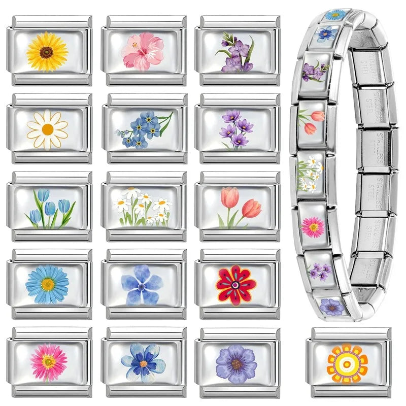 Colorful Brilliant Flowers Sunflower Lotus Tulip Charm Italian Link Fit 9mm Stainless Steel Bangles DIY Making Jewelry Bracelets Qme