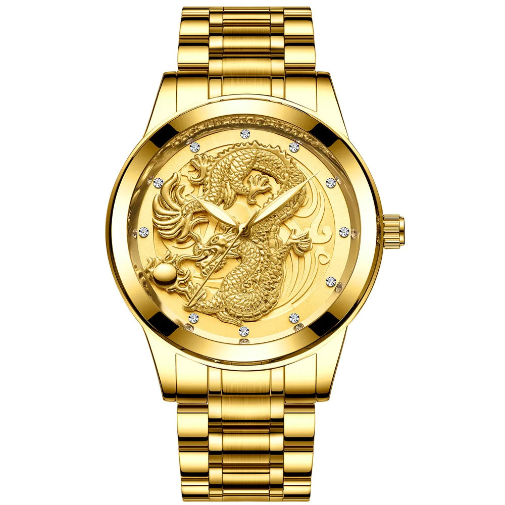 Men's Steel Strap Large Dial Quartz Watch Qme Golden