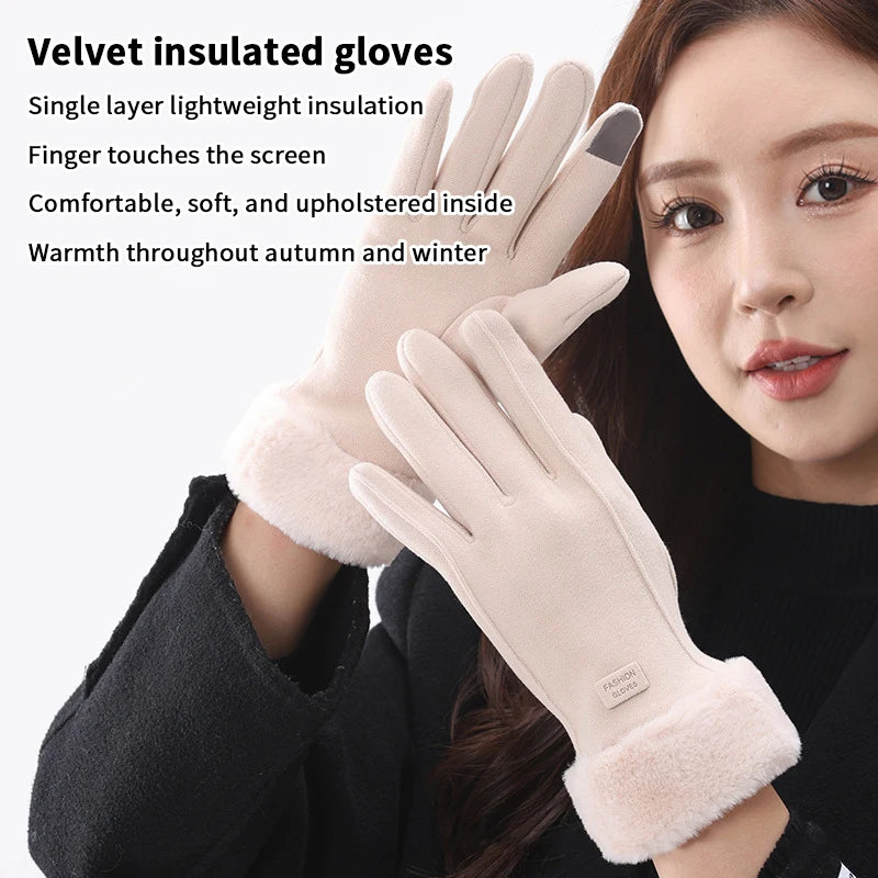 Autumn Winter Warm Suede Gloves Velvet Thickened Plush Decor Cuff Qme