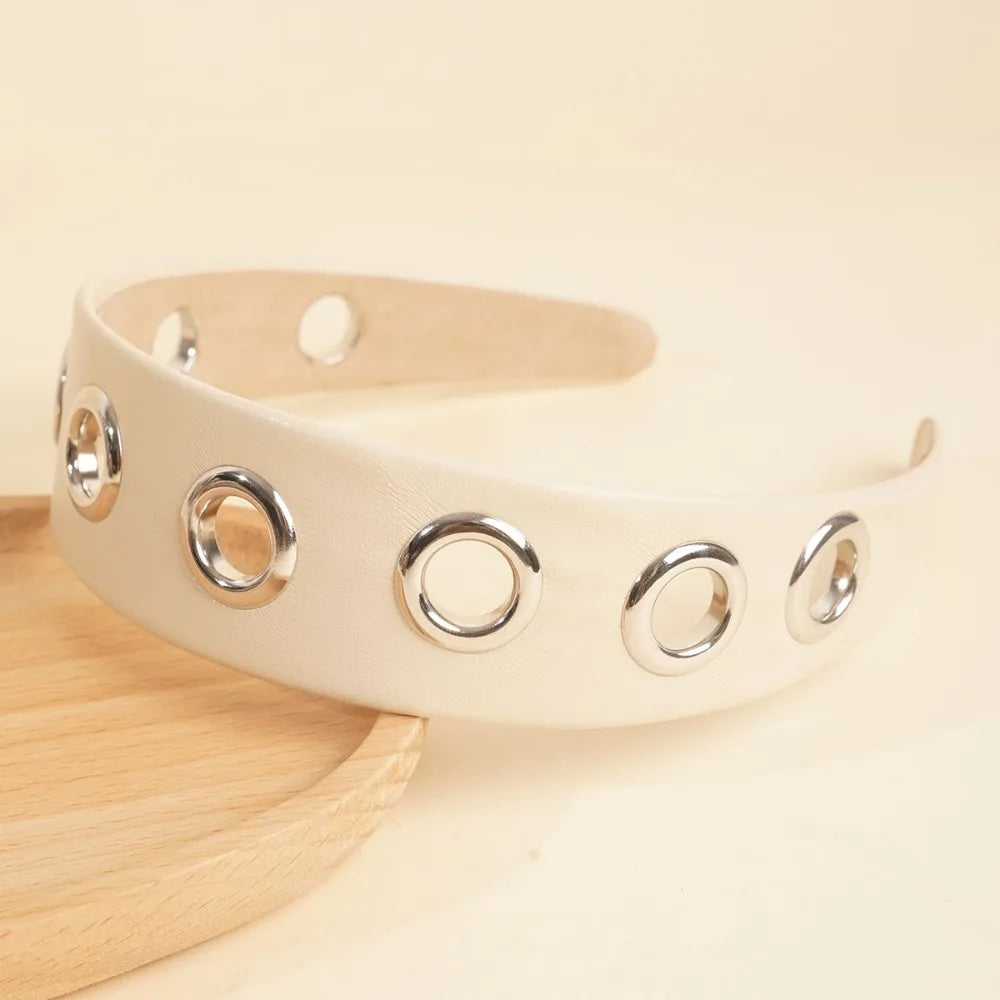 Solid Hollow Metal Headband Ring Y2k Hollowed Out Eyelets Stretchy Qme White