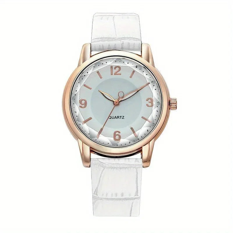 Casual Round Pointer Quartz Watch Ladies Fashion Analog PU Leather Wristwatch For Women Girls Students Qme white No
