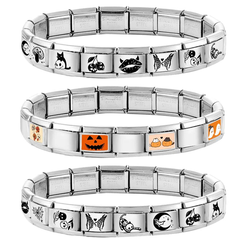 New 2025 Halloween Skull Hands Pumpkin Cats Ghost Italian Charms Links Beads Fit 9mm Stainless Steel Modular Bracelet Jewelry Qme