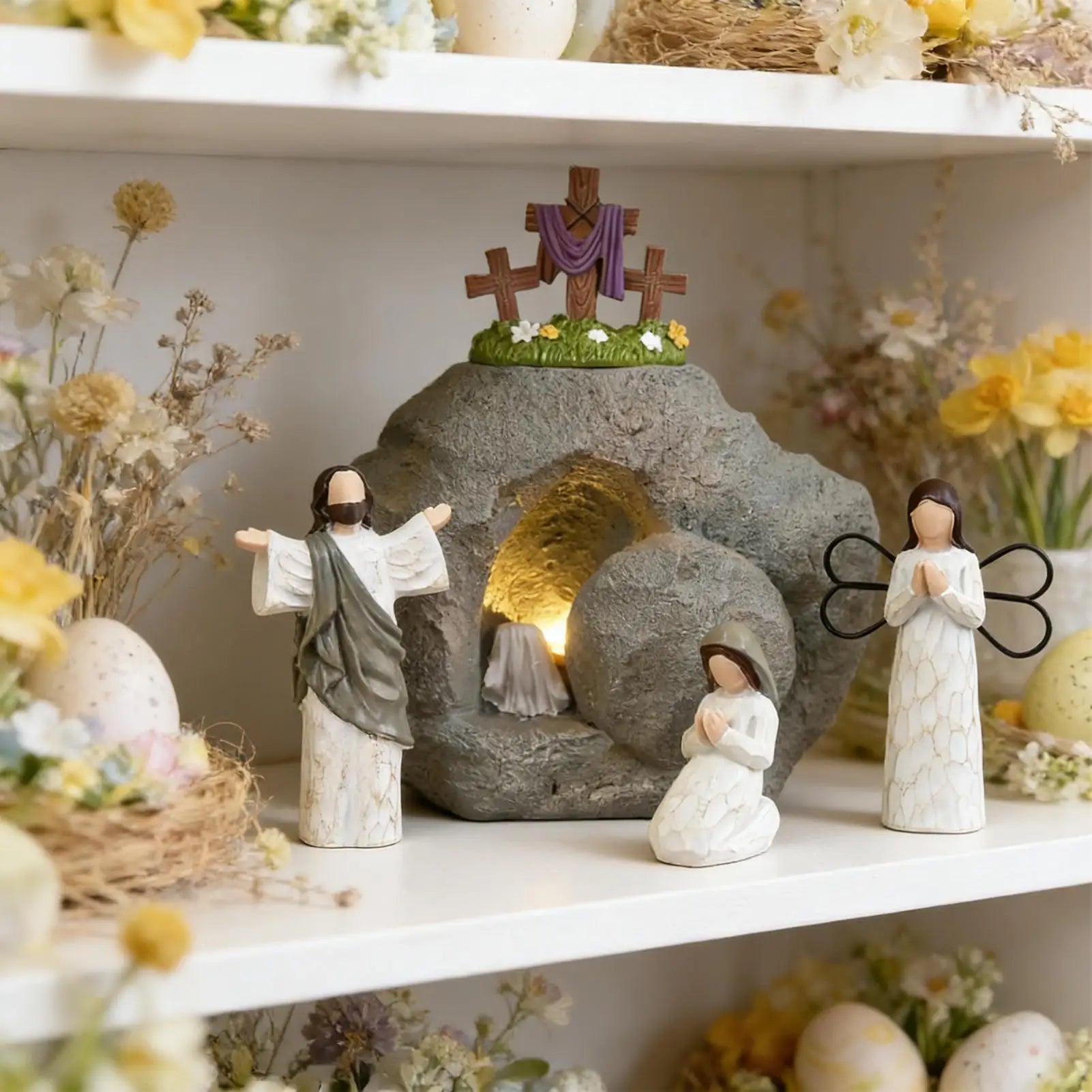 2026 Empty Tomb Easter Scene Religious Resin Centerpiece Easter Tomb for Spring Office Mantle Shelf Christian Home Church Qme