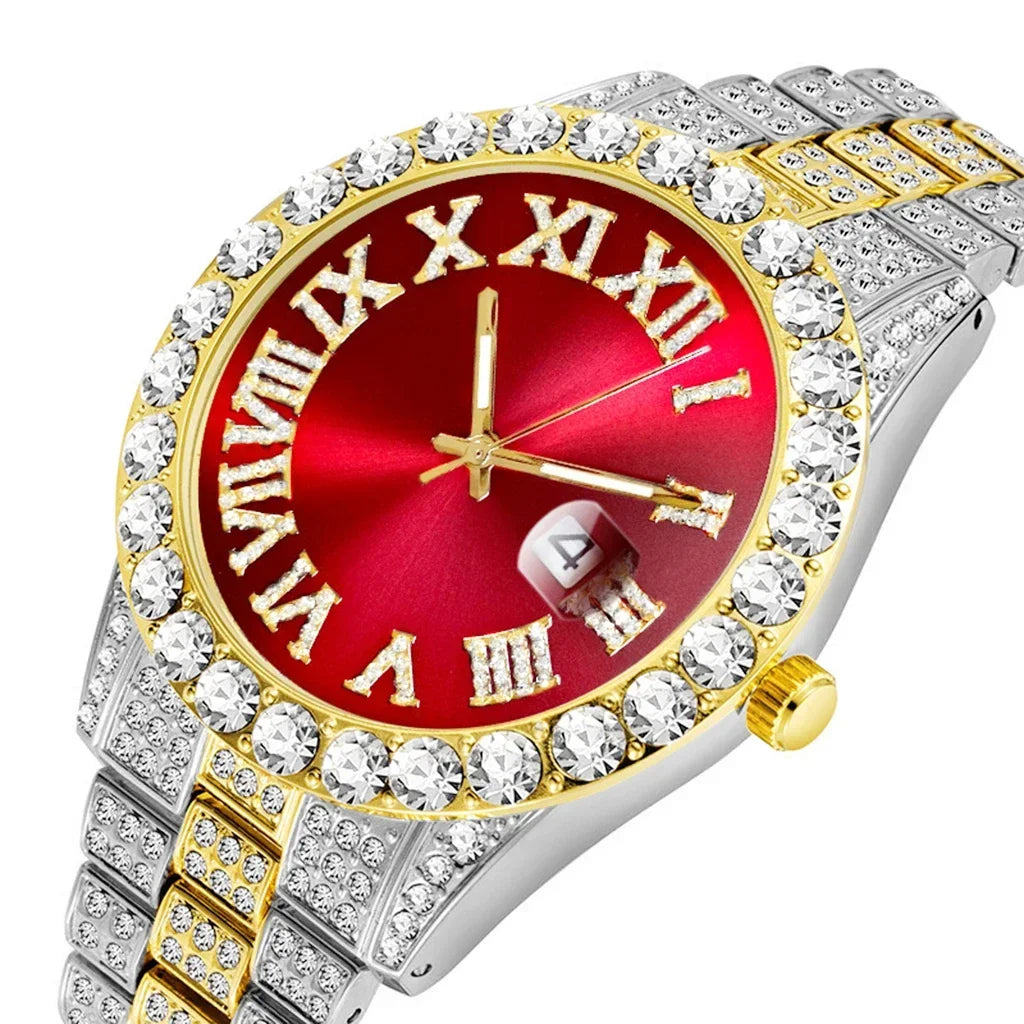 Iced Out Watch Men Luxury Brand Full Diamond Mens Watches AAA CZ Quartz Men's Watch Waterproof Hip Hop Male Clock Gift for Men Qme Red