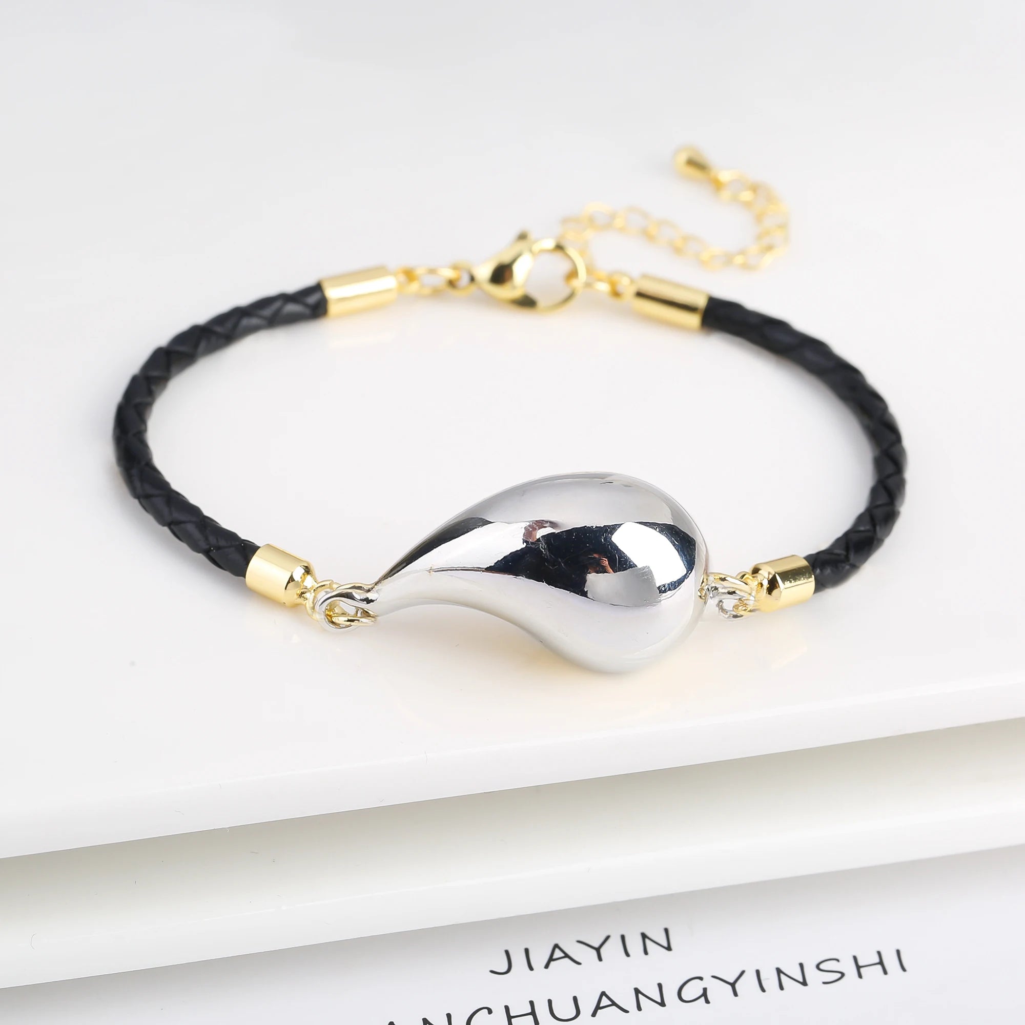 Simple Gold Plated Comma Leather Braided Adjustable Bracelet Fashion Women Water Drop Bracelet for Party Jewelry Gift Daily Wear Qme Color 11