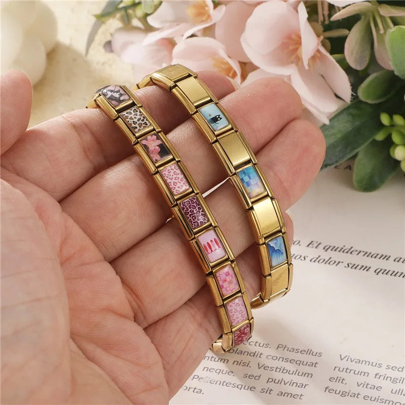 Wholesale Gold leaf Leopard Print Fish Cat Grassland Sea Charm Italian Links 9mm Stainless Steel Bracelet Women DIY Jewelry Gift Qme