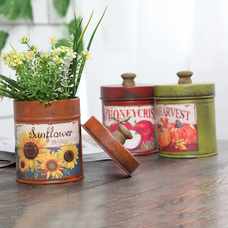 Retro Metal Sealed Container Countryside Tin Pot Coffee Tea Sweets Qme
