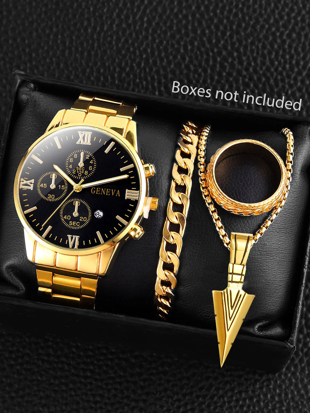 A men's quartz watch paired with a bracelet, necklace and ring. Suitable as a birthday gift. Does not include the box. Qme