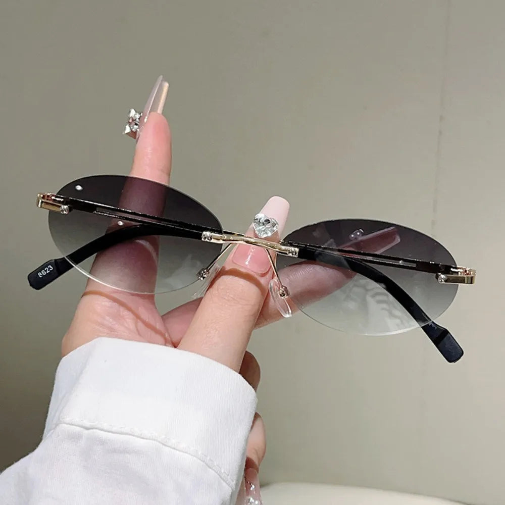 Trendy Vintage Frameless Sunglasses Metal Gradient Rimless Oval Sunglasses Small Frame Solid Color Fashion Shades Beachwear Qme Style 6 WHITE