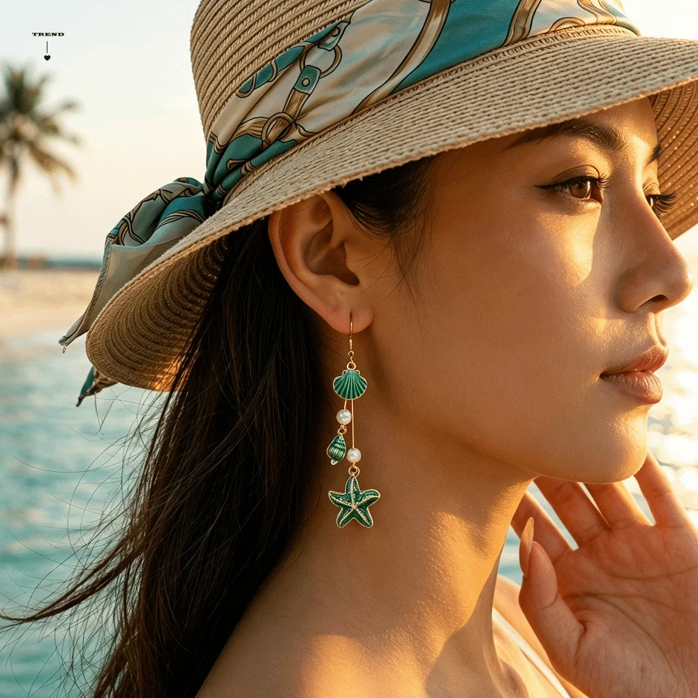 Bohemian Style Alloy Starfish Drop Earrings Shell Elegant Long Tassel Earrings Conch Geometric Shape Pendant Earrings Gift Qme