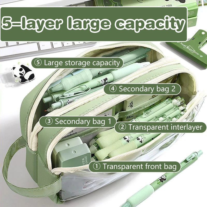 Handheld Double Layer Transparent Pencil Case Pen Bag Hitting Square Qme