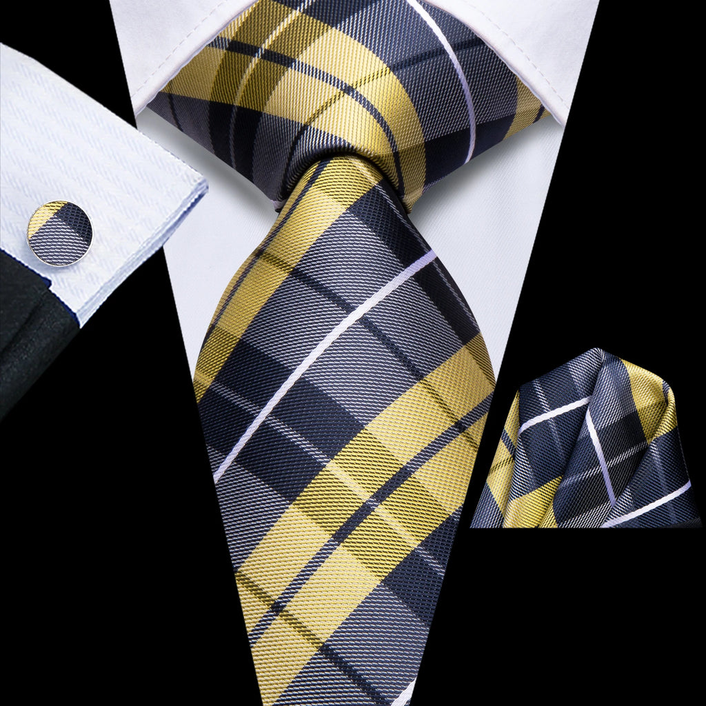 Hi-tie Lemon Yellow Grey Checks Plaids Tie Men Elegant Necktie Pocket Qme HT-N-0156