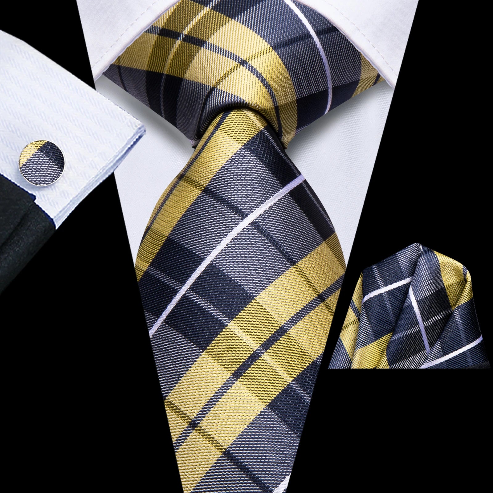 Hi-tie Lemon Yellow Grey Checks Plaids Tie Men Elegant Necktie Pocket Qme HT-N-0156