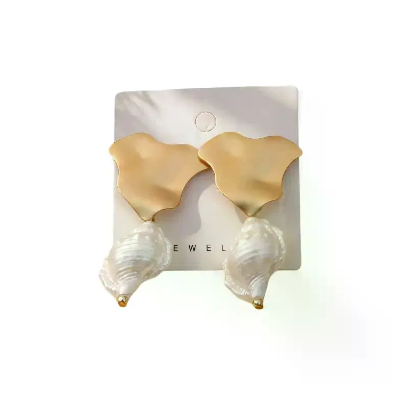 Bohemian Shell Pearl Drop Earrings Gold Plated Ocean Women Beach Qme