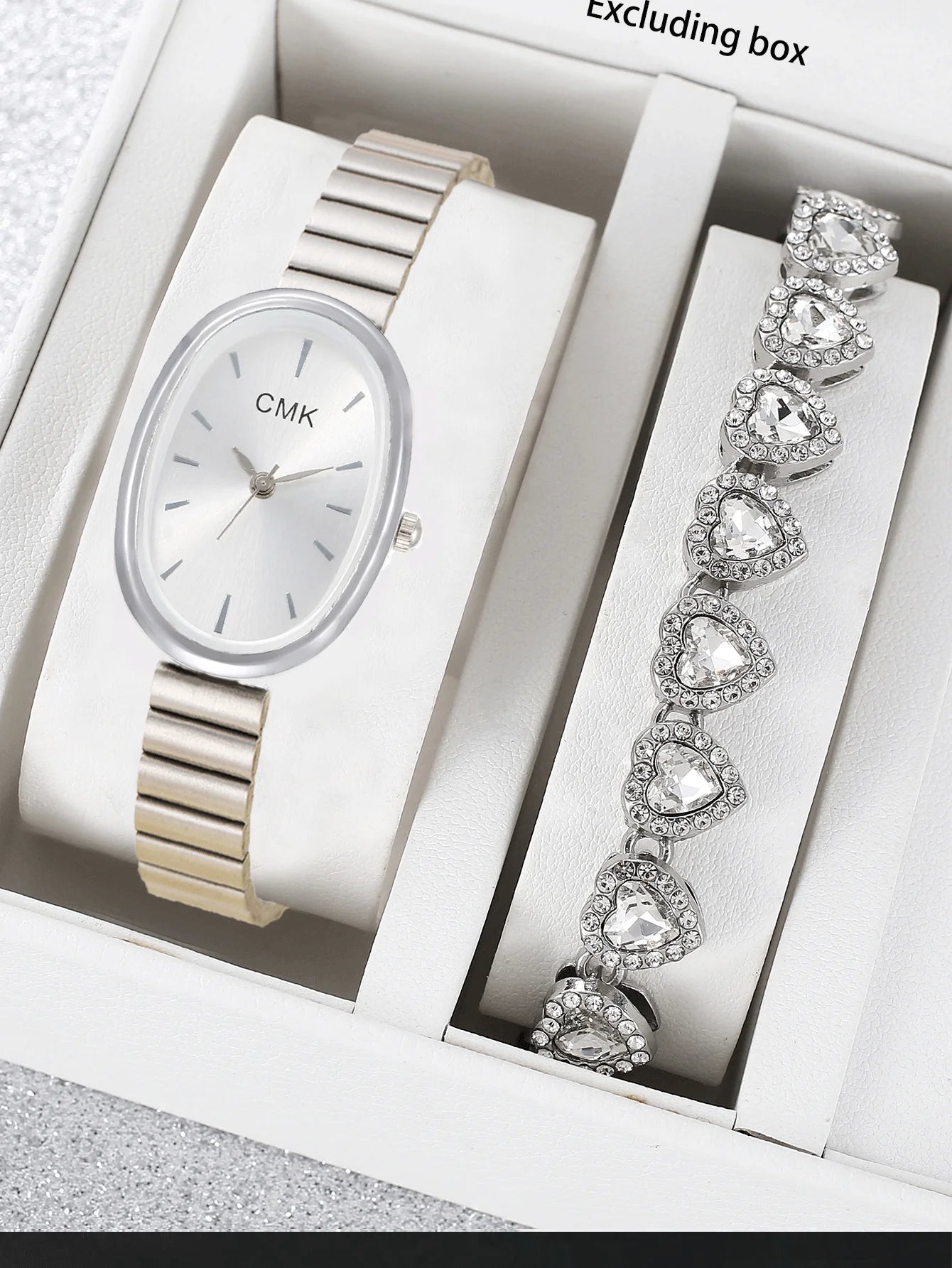 2pcs Elliptical quartz watch for women, light luxury, casual, niche, business trend, women's watch Qme Silver No