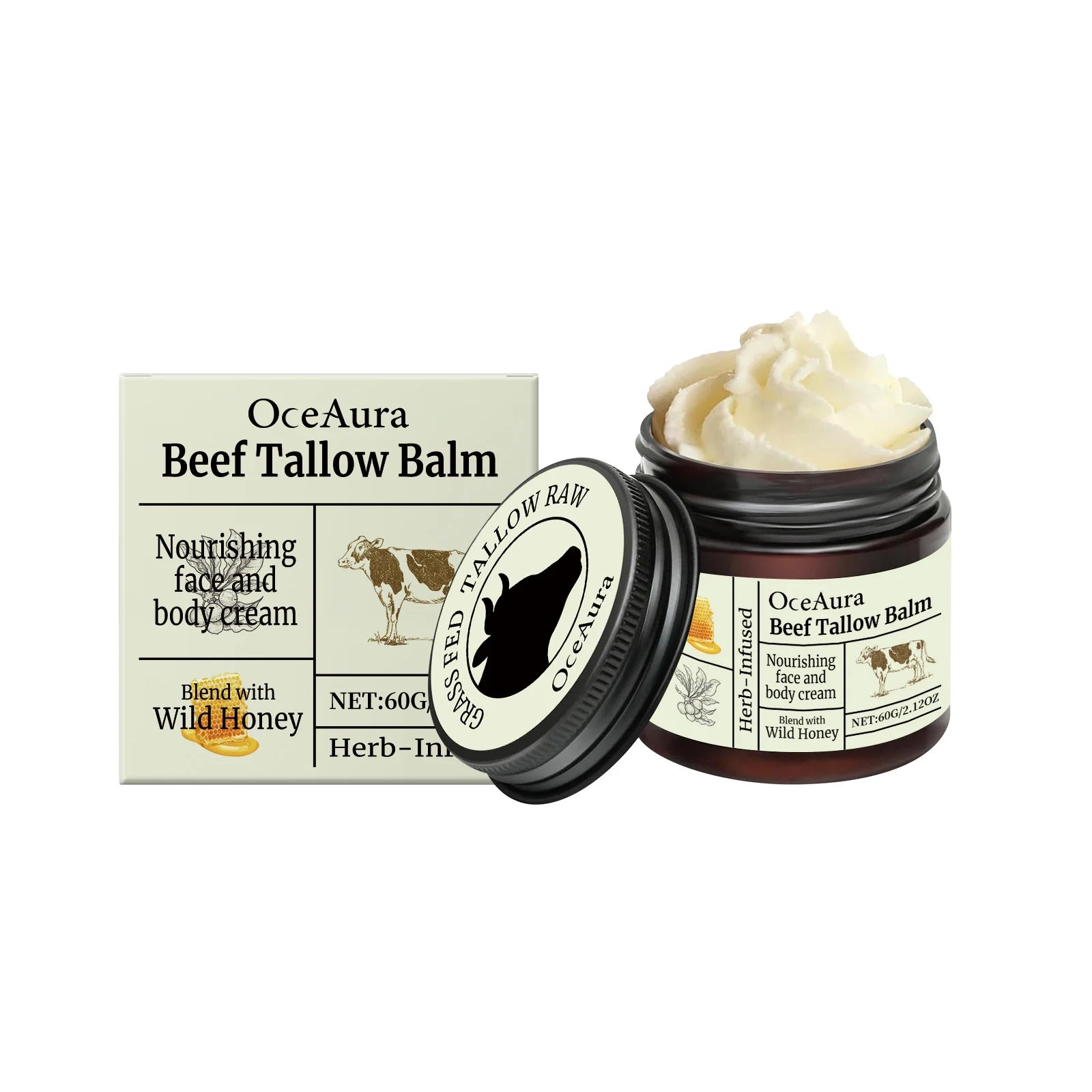 OceAura Beef Tallow Balm Wild Honey Infused Deep Moisturizing Gentle Sensitive Skin Friendly Facial Body Nourishing Care Cream Qme 60g
