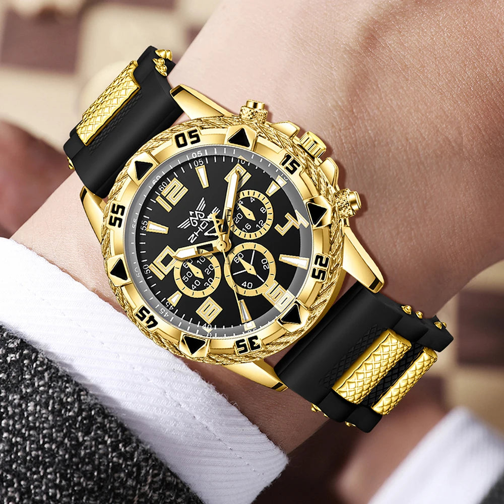 4PPC Gold shell black tape three eye men's sports watch Cuban chain cross necklace hollow ring four piece set Qme