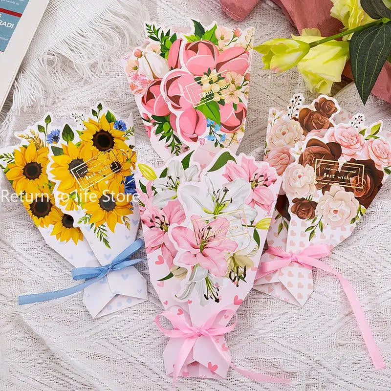 3D Bouquet Bow Hot Stamping Greeting Card Valentine's Day Wedding Bouquet Invitation Letter Holiday Blessing Gift Message Card Qme