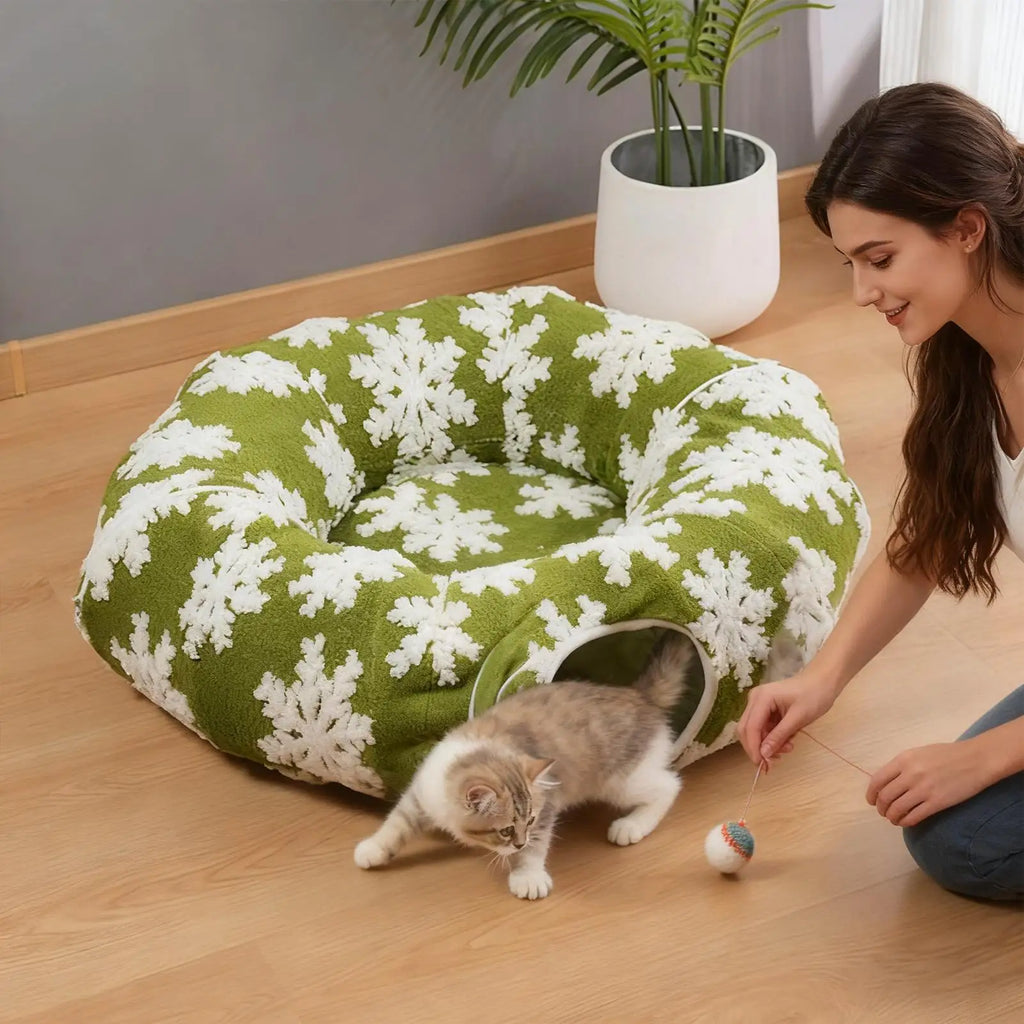 Christmas Tunnel Cat Bed Kitten Donut Nest Kitten Tunnel Cushion Indoor for Living Room Balcony Enrichment Home Bedroom Exercise Qme