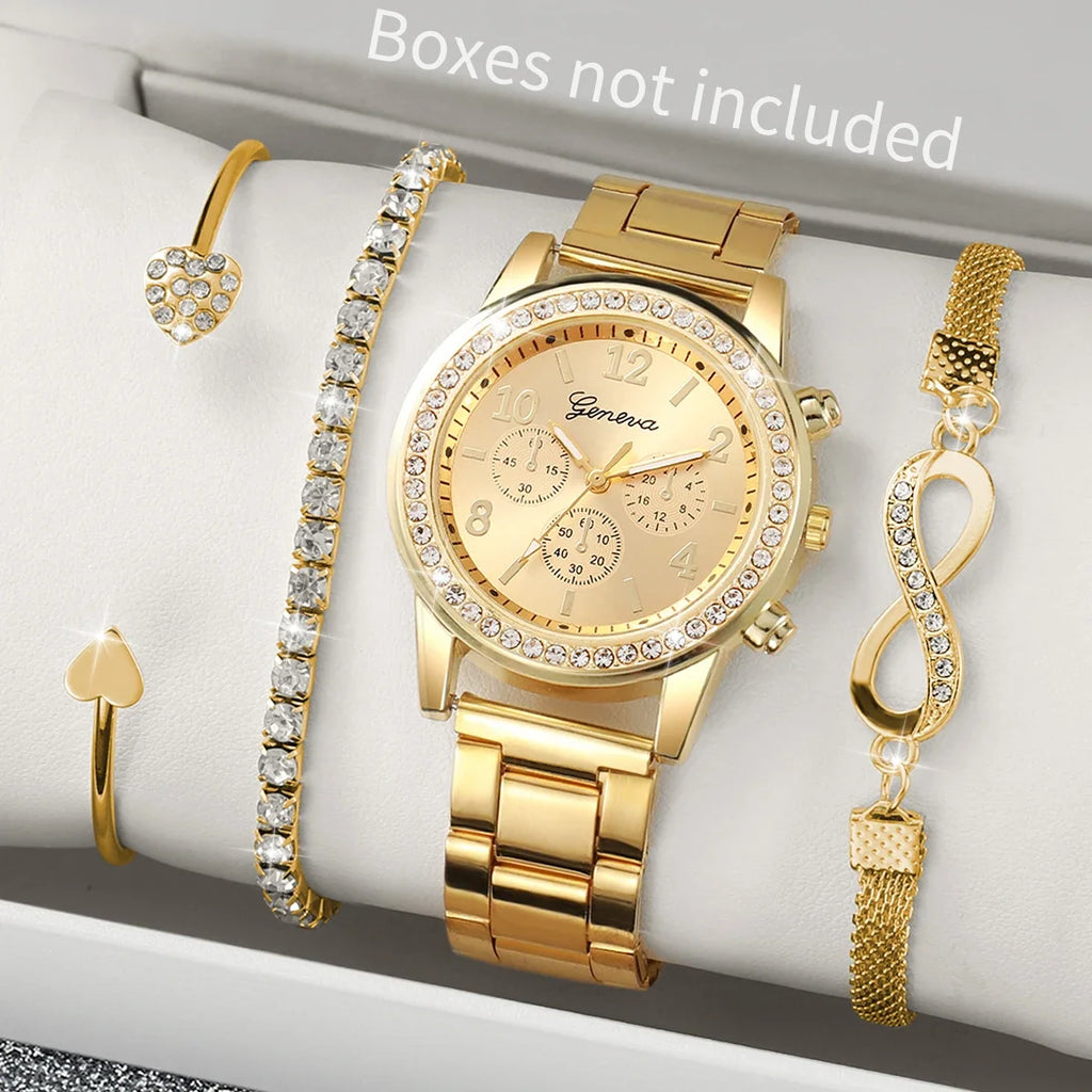 4 pçs moda feminina relógio de luxo strass banda aço senhoras relógio quartzo pulseira conjunto relogio feminino (sem caixa) Qme gold