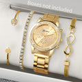 4 pçs moda feminina relógio de luxo strass banda aço senhoras relógio quartzo pulseira conjunto relogio feminino (sem caixa) Qme gold