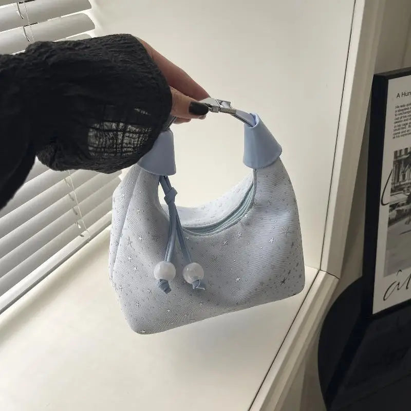 Sweet Sparkling Stars Shoulder Bag Nylon Texture Pearl Pendant Crossbody Bag Small Bucket Handbag Women Girl Qme A4