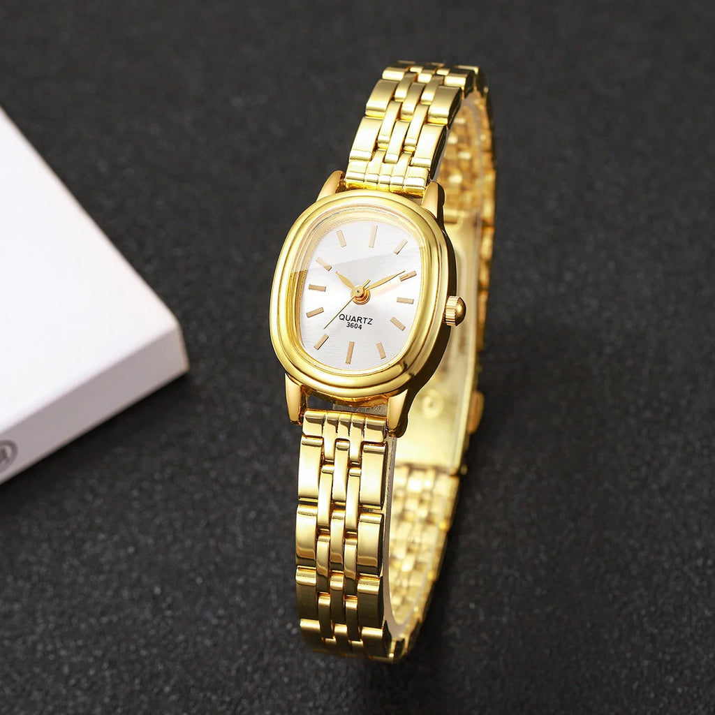 Golden oval thin steel strip women's simple strip scale retro small watch, no gift box included Qme