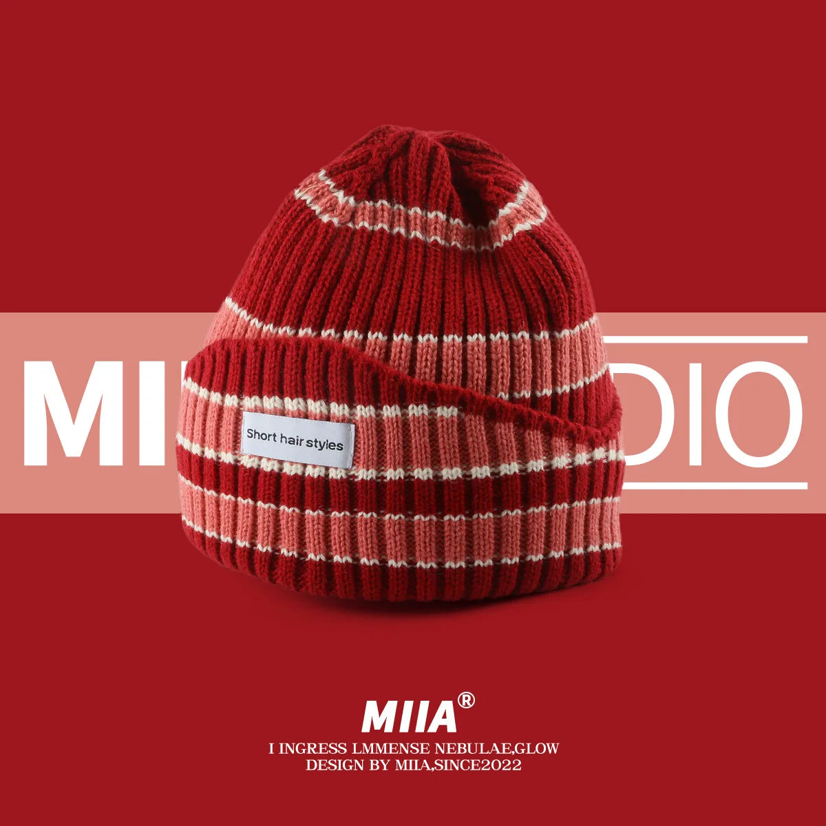 Niche Striped Autumn Winter Warm Wool Hat Showing Face Small Qme Cherry red One Size