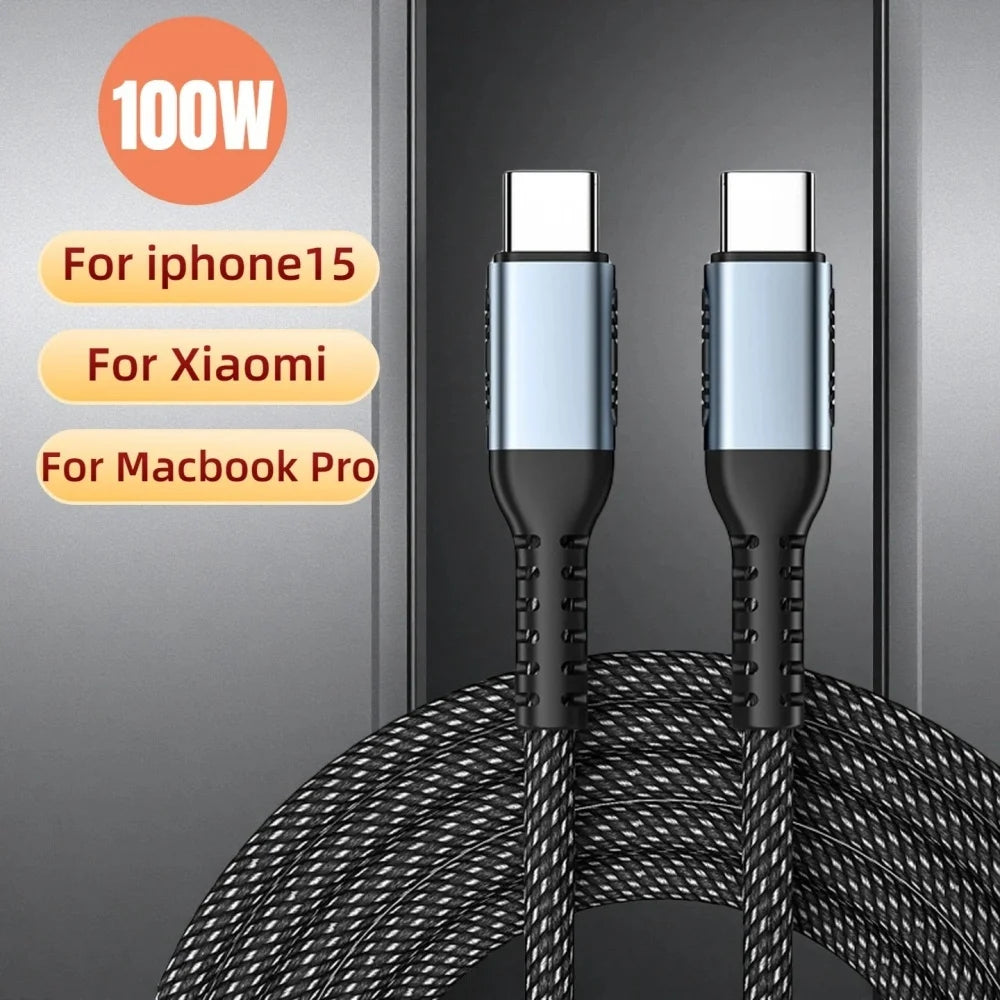 USB C to USB C 100W Cable PD 5A Fast Charging Nylon Braided Type C Cord for Samsung Xiaomi Huawei iPhone 15 Pro Max QC 3.0 Wires Qme