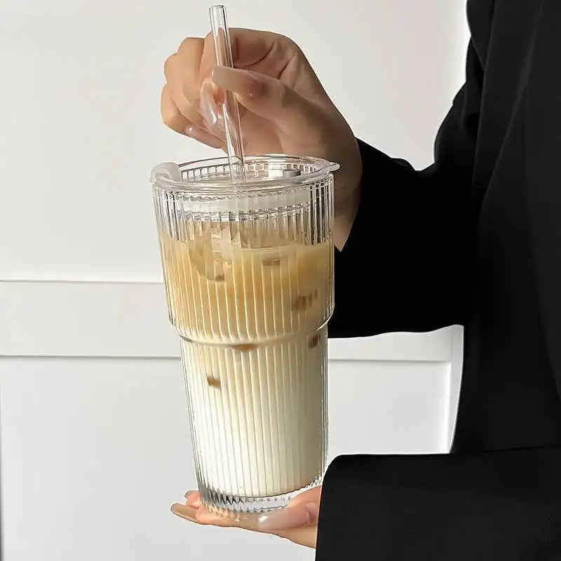 Large Capacity Stripe Glass Coffee Cup With Lid Cover Straw Transparent Drinking Glasses For Juice Iced Coffee Mugs Drinkware Qme
