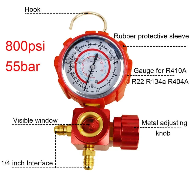 For R410A R22 R134a R404A Air Condition Gauge Refrigerants Manifold Gauge Manometer Valve 800psi/500psi with Visual Mirror Qme High pressure