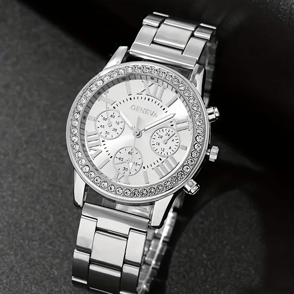 1pc Rhinestone Decor Quartz Watch Casual Roman Numeral Analog Wristwatch & 5pcs Jewelry Set, Gift For Mom/Girlfriend Qme
