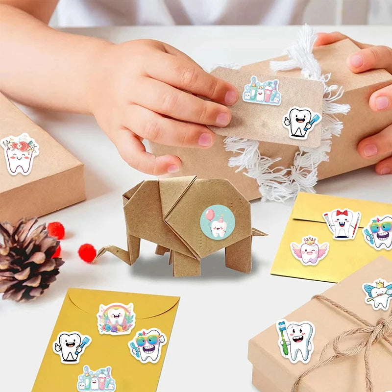 Roll Dental Stickers Cartoon Decoration Tooth Shaped Sticker Label Qme