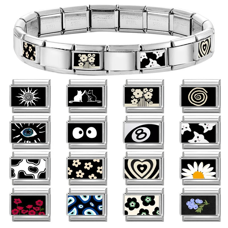 2025 Fashion Red Strawberry Love Heart Black Sun Moon Stars Italian Charm Links Fit 9mm Bracelet Stainless Steel Jewelrys Making Qme