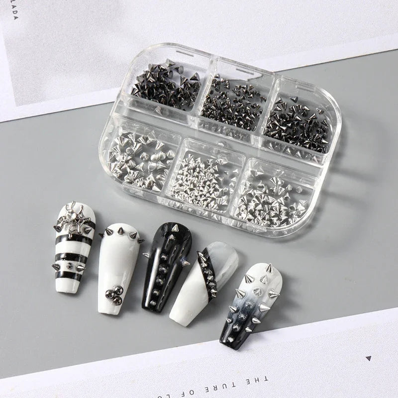 6 Grids Y2K Punk Metal Rivet Nail Charms Cone Mixed Sized Black Qme