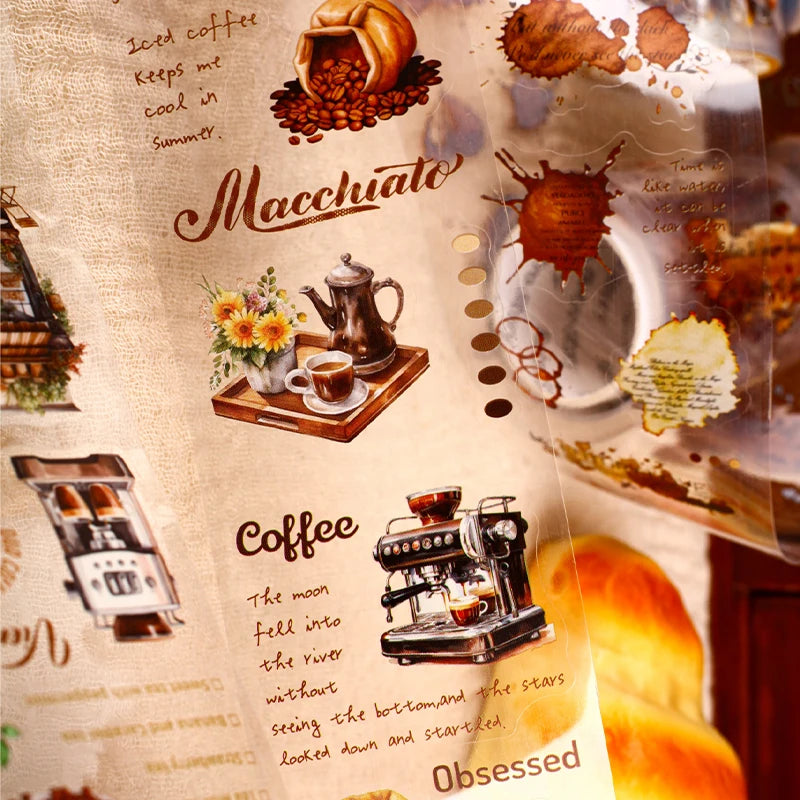 Vintage Coffee Themed PET Washi Tape, Aesthetic Decor for Junk Journals, Notebooks & DIY Art Crafts Qme