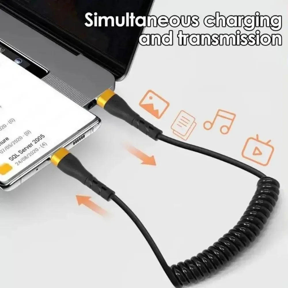 120W USB-C to Type C Fast Charge Spring Cable Retractable Car Charger Data Cord for iPhone 17/16/15 Samsung Xiaomi Type-C Phone Qme