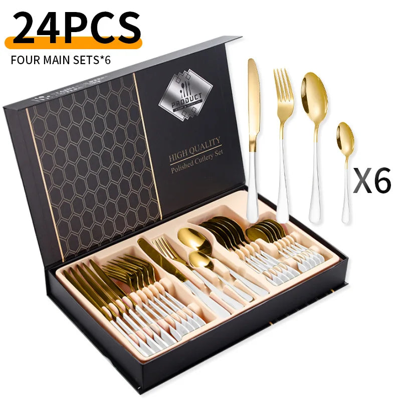 24-Piece Stainless Steel Tableware Set,Western Cutlery Steak Knife Fork Spoon, Gift Box Set for Home Restaurant Wedding Gift Qme B-24Pcs Blk WhtGold