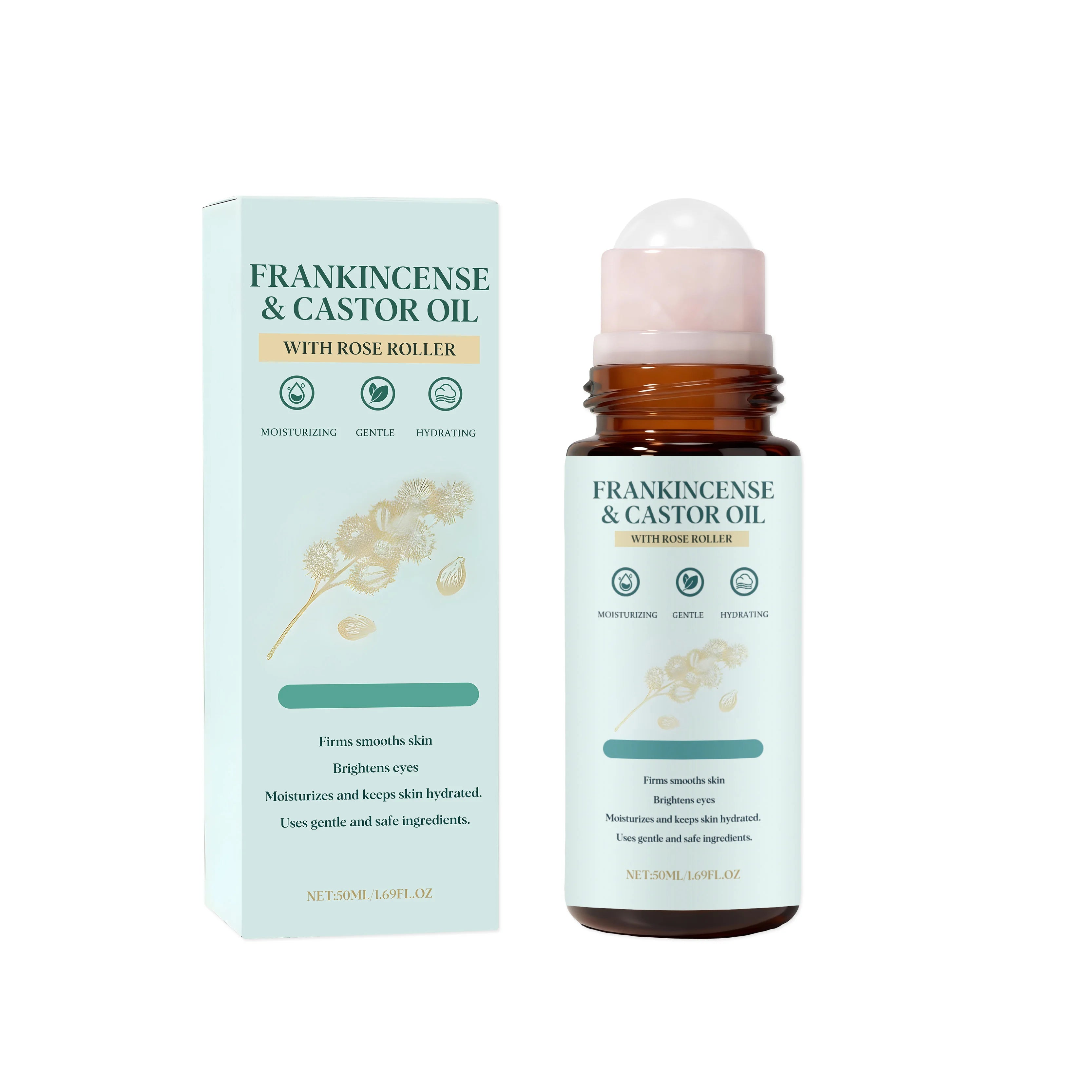 Frankincense Castor Oil Rollerball Soothing & Nourishing Roll-On Oil Improve Dryness Repair Portable Aromatherapy Body Skincare Qme 50ml Boxed
