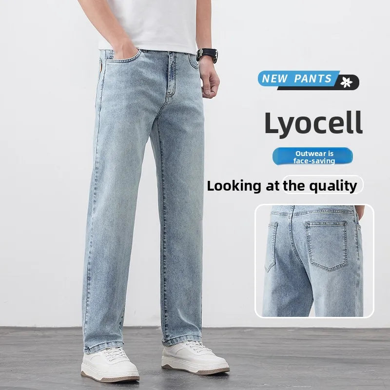 Summer lyocell thin jeans men's 25 years high-end light business washed retro straight trousers Qme