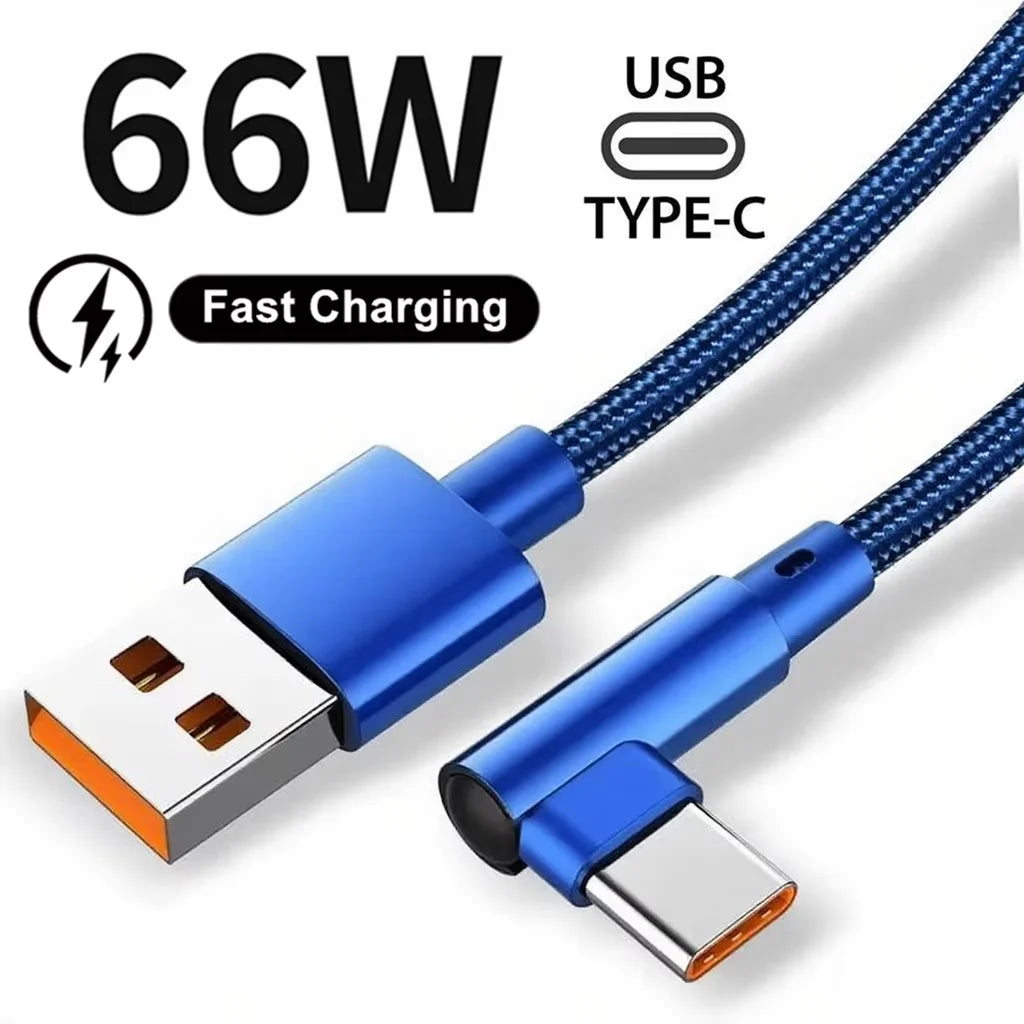 90 Degree Elbow Type C Fast Charging USB Cable For Xiaomi Redmi POCO Huawei Honor OPPO Realme Vivo OnePlus Nylon Braided Cables Qme