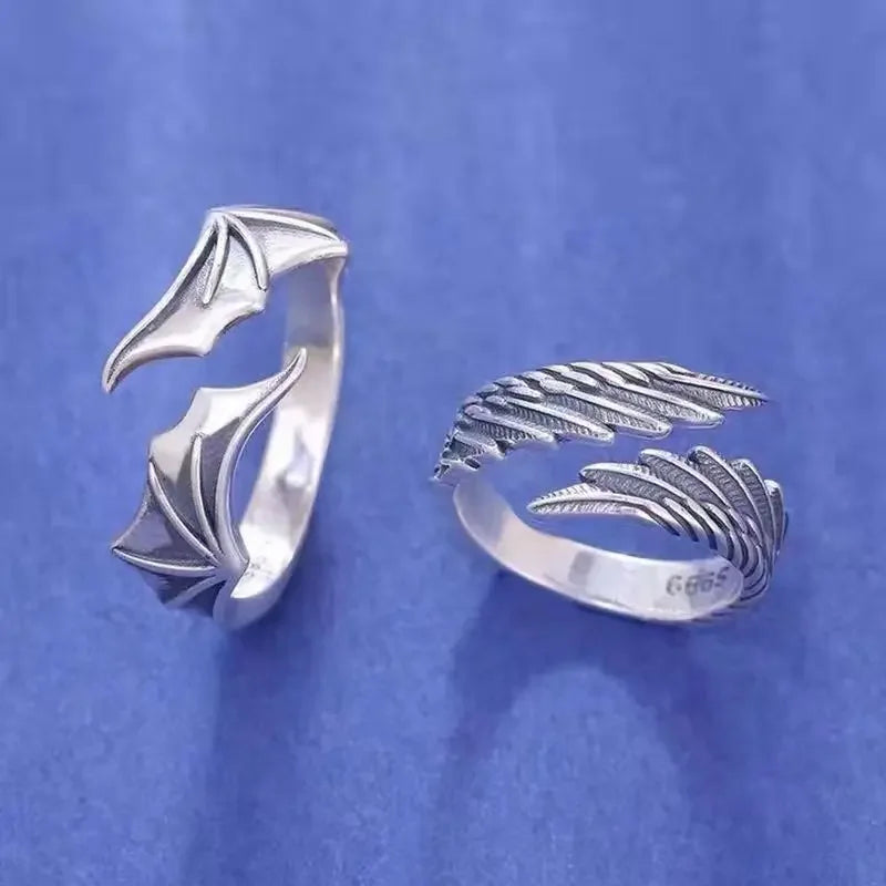 Retro Angel Demon Wing Couples Rings Men Women Charm Exquisite Jewelry Vintage Ancient Silver Color Punk Hip Hop Adjustable Qme
