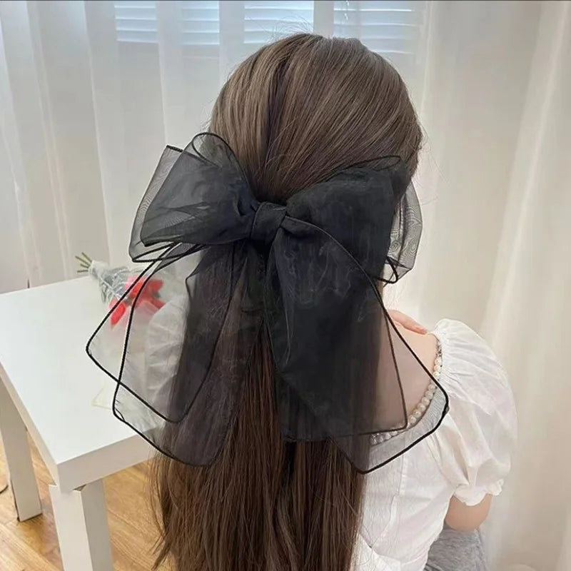 New Black Sweet Mesh Thin Gauze Big Bow Hair Claw Clip Women Bow Spring Clip Headwear Accessories Hair Clips Hairbows for Girls Qme